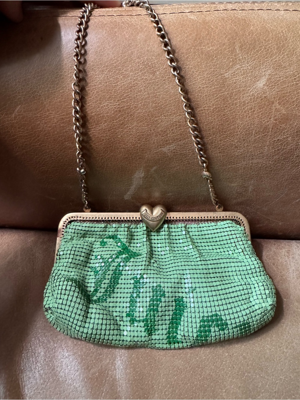 Juicy Couture Green Sequin Heart-Clasp Chain Clutch chainmaille mesh rare Y2K